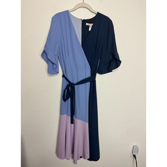 Hutch Small Colorblock Crepe Faux Wrap Midi Dress Blue Purple Flutter Sleeve - Picture 8 of 13